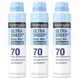 Neutrogena Ultra Sheer Body Mist Sunscreen Spray, Broad Spectrum SPF 70, Lightweight Spray Sunscreen, Non-Greasy & Water Resistant, Oil-Free & Non-Comedogenic UVA/UVB, 5 oz, Pack of 3