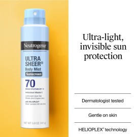 Neutrogena Ultra Sheer Body Mist Sunscreen Spray, Broad Spectrum SPF 70, Lightweight Spray Sunscreen, Non-Greasy & Water Resistant, Oil-Free & Non-Comedogenic UVA/UVB, 5 oz, Pack of 3 Neutrogena Ultra Sheer Body Mist Sunscreen Spray, Broad Spectrum SPF 70, Lightweight Spray Sunscreen, Non-Greasy & Water Resistant, Oil-Free & Non-Comedogenic UVA/UVB, 5 oz, Pack of 3