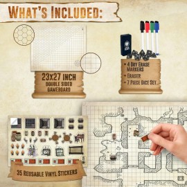 Melee Mats DND Map Starter Kit - 23 x 27 Double Sided, Wet/Dry Erase Battle Terrain Grid - Ultimate Tabletop Board Gaming Experience with Accessories