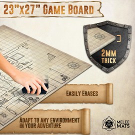 Melee Mats DND Map Starter Kit - 23 x 27 Double Sided, Wet/Dry Erase Battle Terrain Grid - Ultimate Tabletop Board Gaming Experience with Accessories