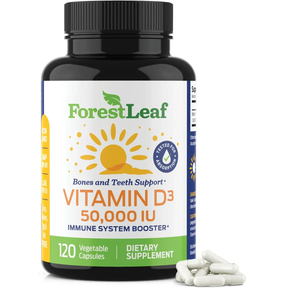 ForestLeaf Vitamin D3 50,000 IU | VIT D - VIT D3 Vitamin D Supplement for Women and Men | Bone Health, Teeth, Immune Support | Easy to Swallow Pills | High Potency WEEKLY Dose, 2-Year Supply, 120 Caps ForestLeaf Vitamin D3 50,000 IU | VIT D - VIT D3 Vitamin D Supplement for Women and Men | Bone Health, Teeth, Immune Support | Easy to Swallow Pills | High Potency WEEKLY Dose, 2-Year Supply, 120 Caps