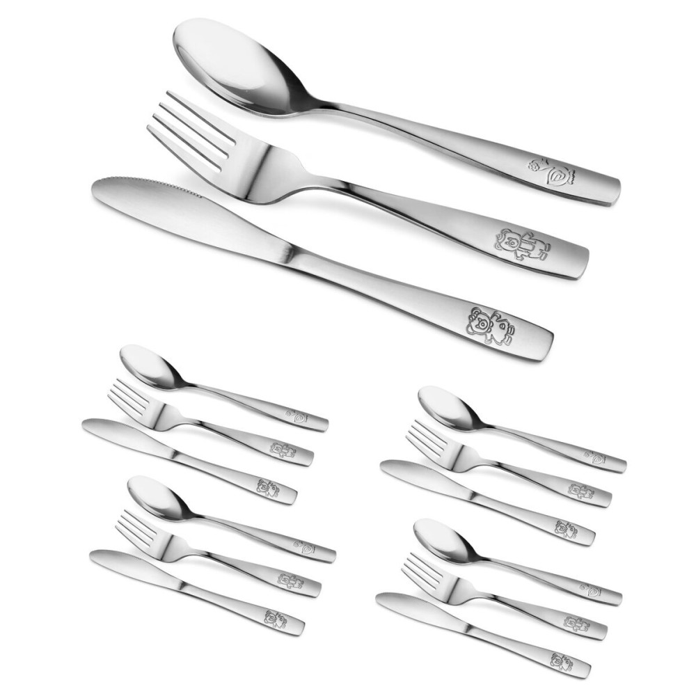 15 Piece Stainless Steel Kids Cutlery, Child and Toddler Safe Flatware, Kids Silverware, Kids Utensil Set Includes 5 Knives, 5 Forks, 5 Spoons, Total of 5 Place Settings, Ideal for Home and Preschools 15 Piece Stainless Steel Kids Cutlery, Child and Toddler Safe Flatware, Kids Silverware, Kids Utensil Set Includes 5 Knives, 5 Forks, 5 Spoons, Total of 5 Place Settings, Ideal for Home and Preschools