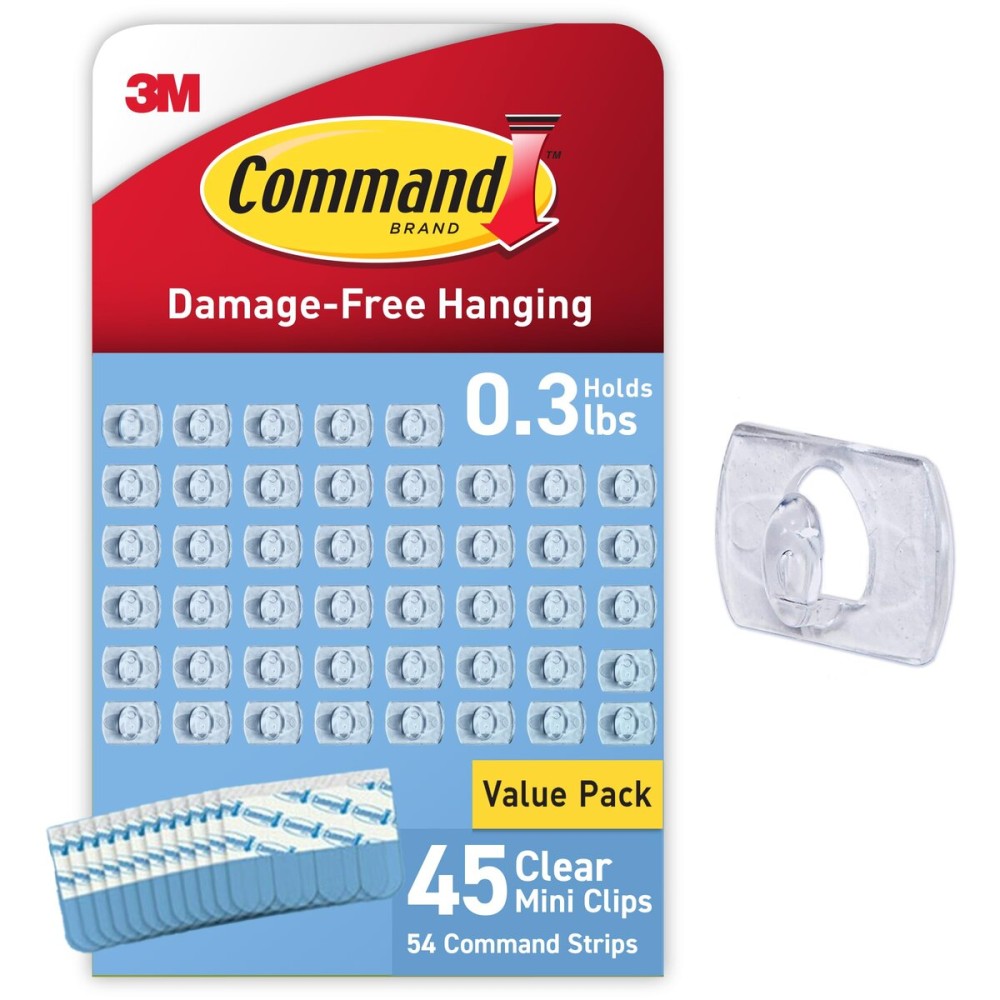 Command Indoor Mini Light Clips, Damage Free Hanging Christmas Light Clips, Mini Wall Clips for Hanging Indoor Christmas Decorations, Lights and Cables, 45 Clear Clips and 54 Command Strips