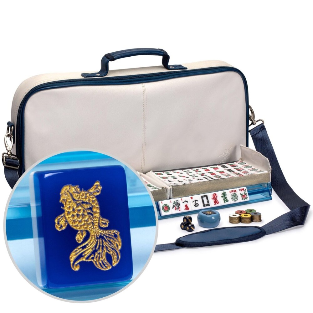 Yellow Mountain Imports American Mahjong Set, Koi Fish with Soft White Leatherette Case, Four Acrylic All-in-One Racks with Pushers, Wind Indicator, Dice, and Wright Patterson Count Scoring Coins