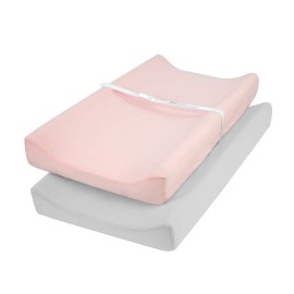 TILLYOU Changing Pad Cover Set in Soft Jersey Material Diaper Changing Table Sheets - Fits 32/34\'\'x16 Contoured Pad for Babies,Peachy Pink & Lt Gray
