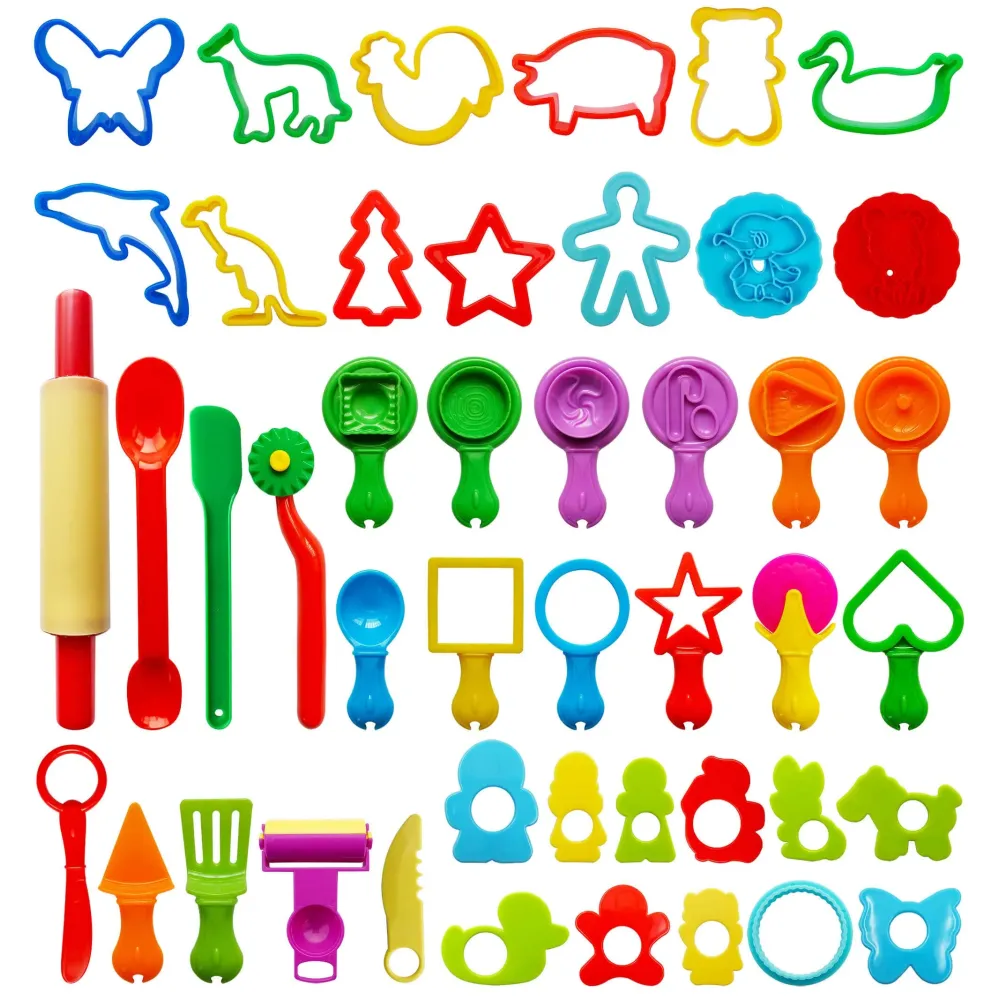 FRIMOONY Dough Tools Set for Kids, Various Plastic Molds, Assorted Colors, 45 Pieces FRIMOONY Dough Tools Set for Kids, Various Plastic Molds, Assorted Colors, 45 Pieces