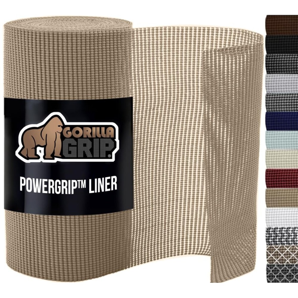 GORILLA GRIP powerGRIP Drawer Shelf and Cabinet Liner, Thick Strong Hold, Non-Adhesive Liners Protect Kitchen Cabinets and Cupboard, Bathroom Drawers, Easy Install, Breathable Mat, 12 x20\', Beige GORILLA GRIP powerGRIP Drawer Shelf and Cabinet Liner, Thick Strong Hold, Non-Adhesive Liners Protect Kitchen Cabinets and Cupboard, Bathroom Drawers, Easy Install, Breathable Mat, 12 x20\', Beige