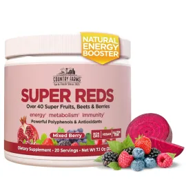 COUNTRY FARMS Super Reds, Energizing Polyphenol Superfood, 48 Super Fruits and Berries, Powerful Antioxidants and Polyphenols, Supports Energy, 20 Servings, Mixed Berry Flavor COUNTRY FARMS Super Reds, Energizing Polyphenol Superfood, 48 Super Fruits and Berries, Powerful Antioxidants and Polyphenols, Supports Energy, 20 Servings, Mixed Berry Flavor