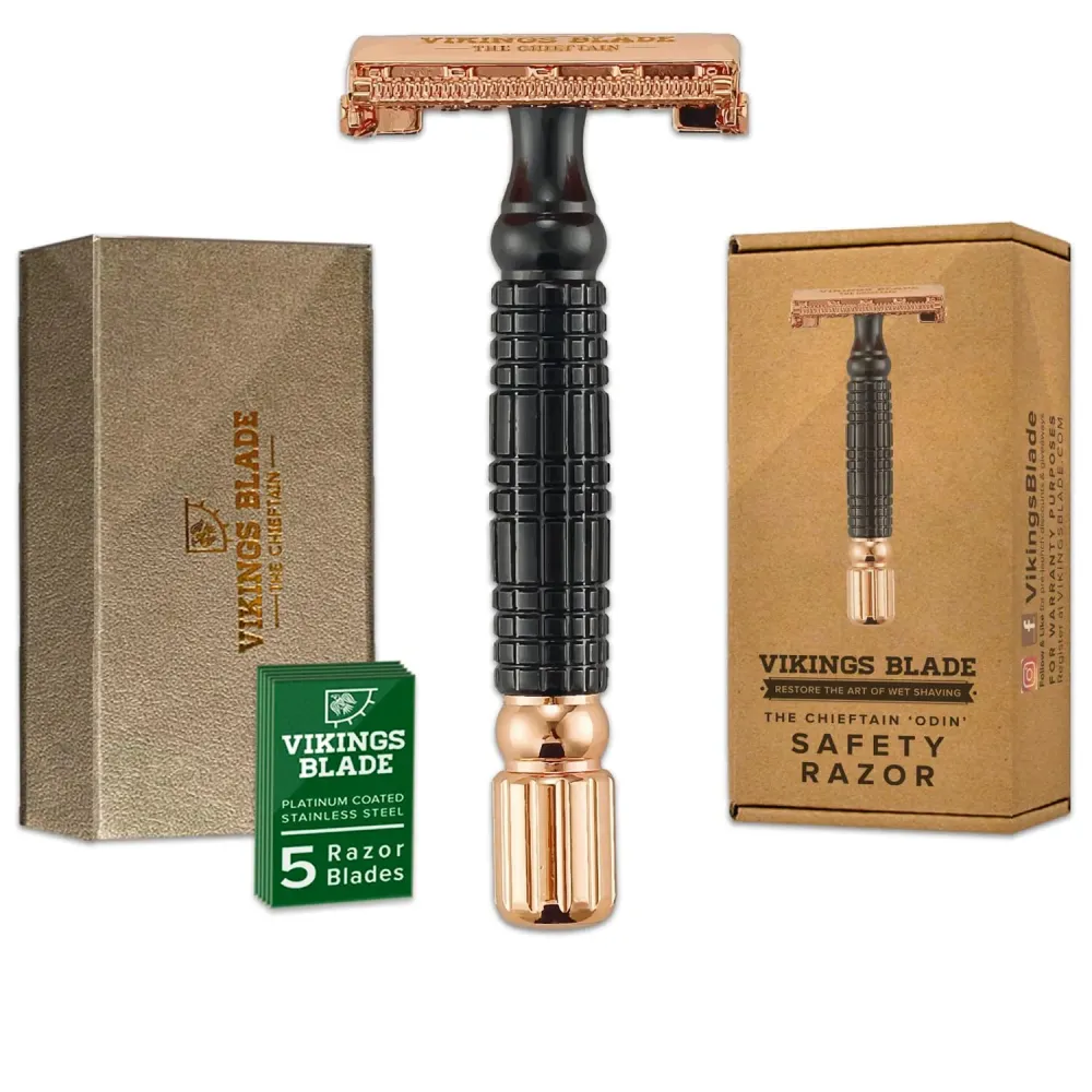 VIKINGS BLADE Double Edge Safety Razor for Men + 5 Swedish Steel Blades + Luxury Case. Smooth, Reusable, Eco-Friendly (Chieftain Odin) VIKINGS BLADE Double Edge Safety Razor for Men + 5 Swedish Steel Blades + Luxury Case. Smooth, Reusable, Eco-Friendly (Chieftain Odin)