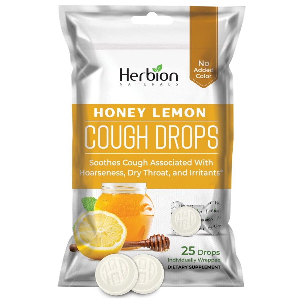 HERBION Naturals Cough Drops with Natural Honey Lemon Flavor, Dietary Supplement, Soothes Cough, for Adults and Children Over 6 Years, 25 Drops, No Artificial Flavor, No Added Color. HERBION Naturals Cough Drops with Natural Honey Lemon Flavor, Dietary Supplement, Soothes Cough, for Adults and Children Over 6 Years, 25 Drops, No Artificial Flavor, No Added Color.