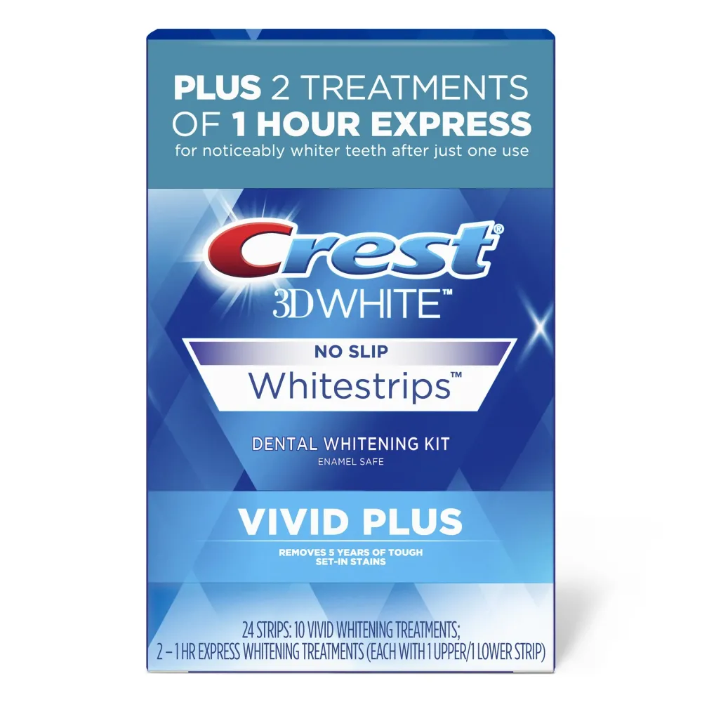 Crest 3DWhitestrips Vivid Plus Whitestrips 3D White, 10 Treatments + 1 Hour Express 2 Treatments Teeth Whitening Kit, 8 Levels Whiter, Crest Teeth Whitening Strips Crest 3DWhitestrips Vivid Plus Whitestrips 3D White, 10 Treatments + 1 Hour Express 2 Treatments Teeth Whitening Kit, 8 Levels Whiter, Crest Teeth Whitening Strips