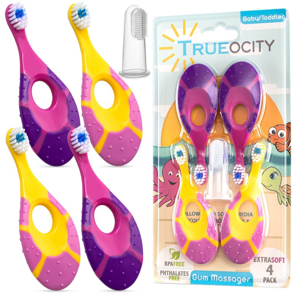Trueocity Baby Toothbrush 4 Pack & Bonus Silicone Finger Brush, Soft Bristles, Toddler Toothbrushes, Infant & Training w/Teething Handle, 0-2 Years, Pink Set Trueocity Baby Toothbrush 4 Pack & Bonus Silicone Finger Brush, Soft Bristles, Toddler Toothbrushes, Infant & Training w/Teething Handle, 0-2 Years, Pink Set