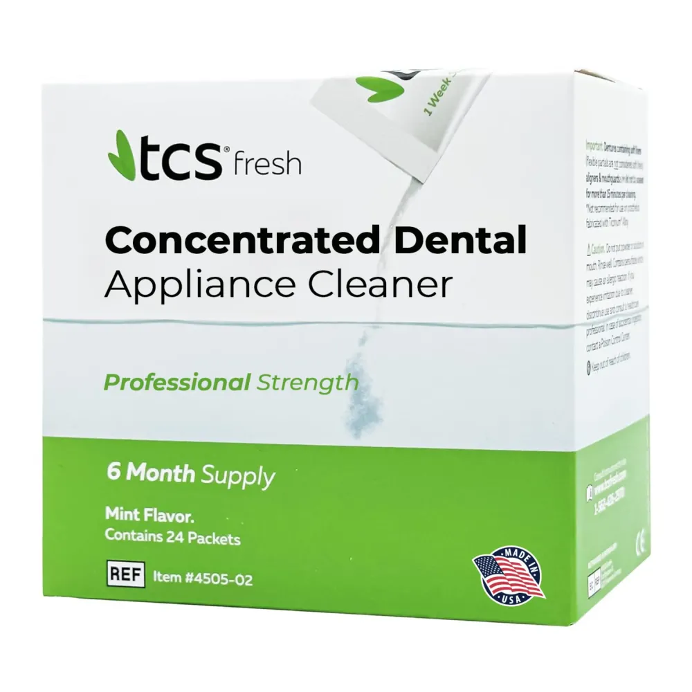 TCS Fresh Dental Appliance Cleaner, 24 Count Professional Strength Concentrated Cleanser Powder - Flexible Partial Cleaners, Denture Cleaner & Dental Night Guard Cleaner, Mint Flavor (6 Month Supply) TCS Fresh Dental Appliance Cleaner, 24 Count Professional Strength Concentrated Cleanser Powder - Flexible Partial Cleaners, Denture Cleaner & Dental Night Guard Cleaner, Mint Flavor (6 Month Supply)