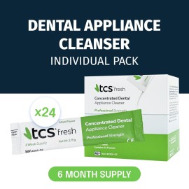 TCS Fresh Dental Appliance Cleaner, 24 Count Professional Strength Concentrated Cleanser Powder - Flexible Partial Cleaners, Denture Cleaner & Dental Night Guard Cleaner, Mint Flavor (6 Month Supply) TCS Fresh Dental Appliance Cleaner, 24 Count Professional Strength Concentrated Cleanser Powder - Flexible Partial Cleaners, Denture Cleaner & Dental Night Guard Cleaner, Mint Flavor (6 Month Supply)