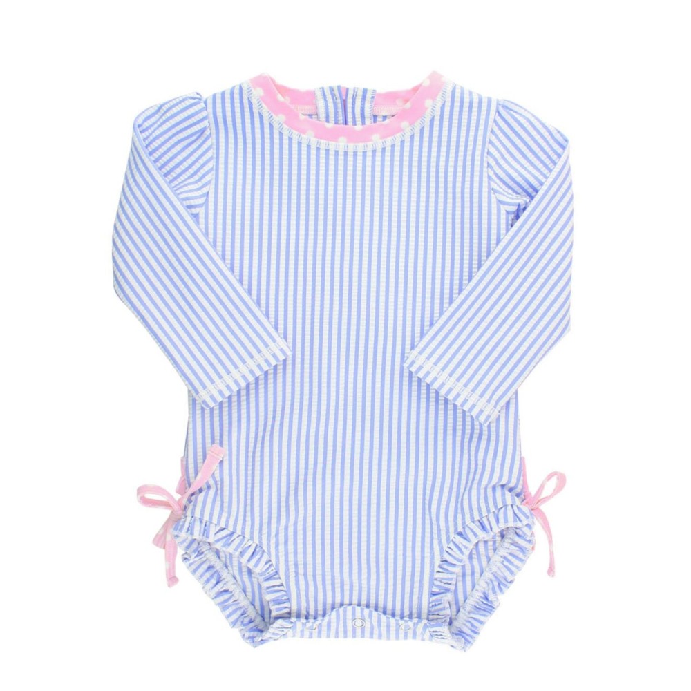 RuffleButts Baby/Toddler Girls Long Sleeve One Piece Swimsuit - Blue Seersucker with UPF 50+ Sun Protection - 6-12m