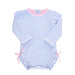 RuffleButts Baby/Toddler Girls Long Sleeve One Piece Swimsuit - Blue Seersucker with UPF 50+ Sun Protection - 6-12m