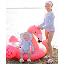 RuffleButts Baby/Toddler Girls Long Sleeve One Piece Swimsuit - Blue Seersucker with UPF 50+ Sun Protection - 6-12m