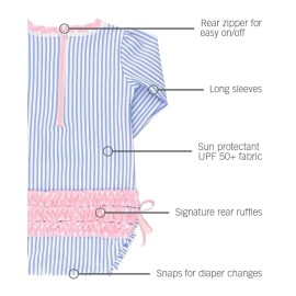 RuffleButts Baby/Toddler Girls Long Sleeve One Piece Swimsuit - Blue Seersucker with UPF 50+ Sun Protection - 6-12m