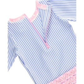 RuffleButts Baby/Toddler Girls Long Sleeve One Piece Swimsuit - Blue Seersucker with UPF 50+ Sun Protection - 6-12m