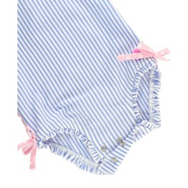 RuffleButts Baby/Toddler Girls Long Sleeve One Piece Swimsuit - Blue Seersucker with UPF 50+ Sun Protection - 6-12m