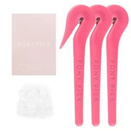 THE PONY PICK Hair Elastic Rubber Bands Cutter Tool - Easy To Use, Pain Free, No Hair Damage - Ponytail Cutter Tool for Kids & Toddlers (3 Packs of Pony Pick & 50 Clear Hair Elastics)