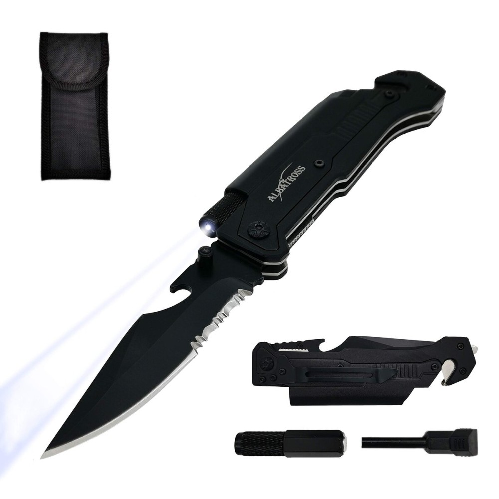ALBATROSS 6-in-1 Survival Tactical Military Folding Pocket Knives with LED Light,Seatbelt Cutter,Glass Breaker,Magnesium Fire Starter,Bottle Opener;Multi-Function Emergency Tool(Black) ALBATROSS 6-in-1 Survival Tactical Military Folding Pocket Knives with LED Light,Seatbelt Cutter,Glass Breaker,Magnesium Fire Starter,Bottle Opener;Multi-Function Emergency Tool(Black)
