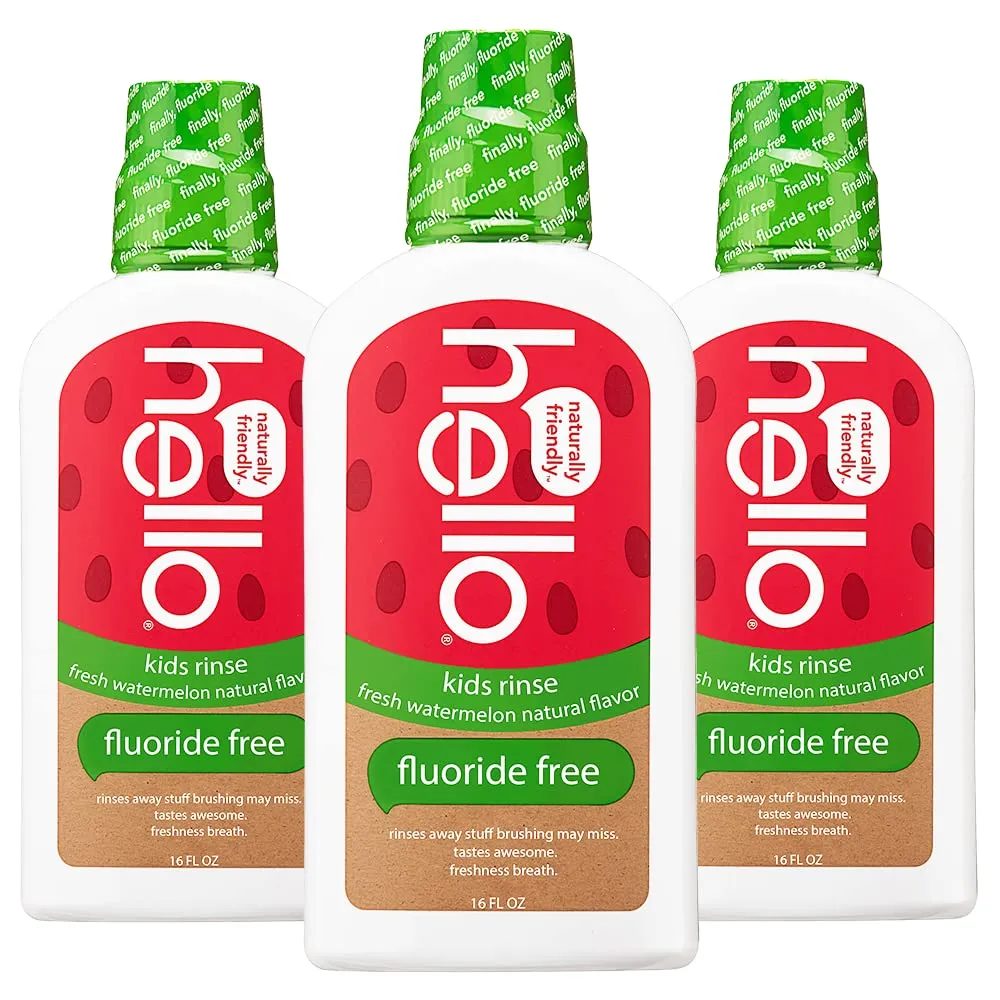 Hello Natural Watermelon Flavor Kids Fluoride Free Rinse, Alcohol Free, Vegan, SLS Free, Mouthwash for Kids Age 6 and Up, 16 Fl Oz (Pack of 3) Hello Natural Watermelon Flavor Kids Fluoride Free Rinse, Alcohol Free, Vegan, SLS Free, Mouthwash for Kids Age 6 and Up, 16 Fl Oz (Pack of 3)