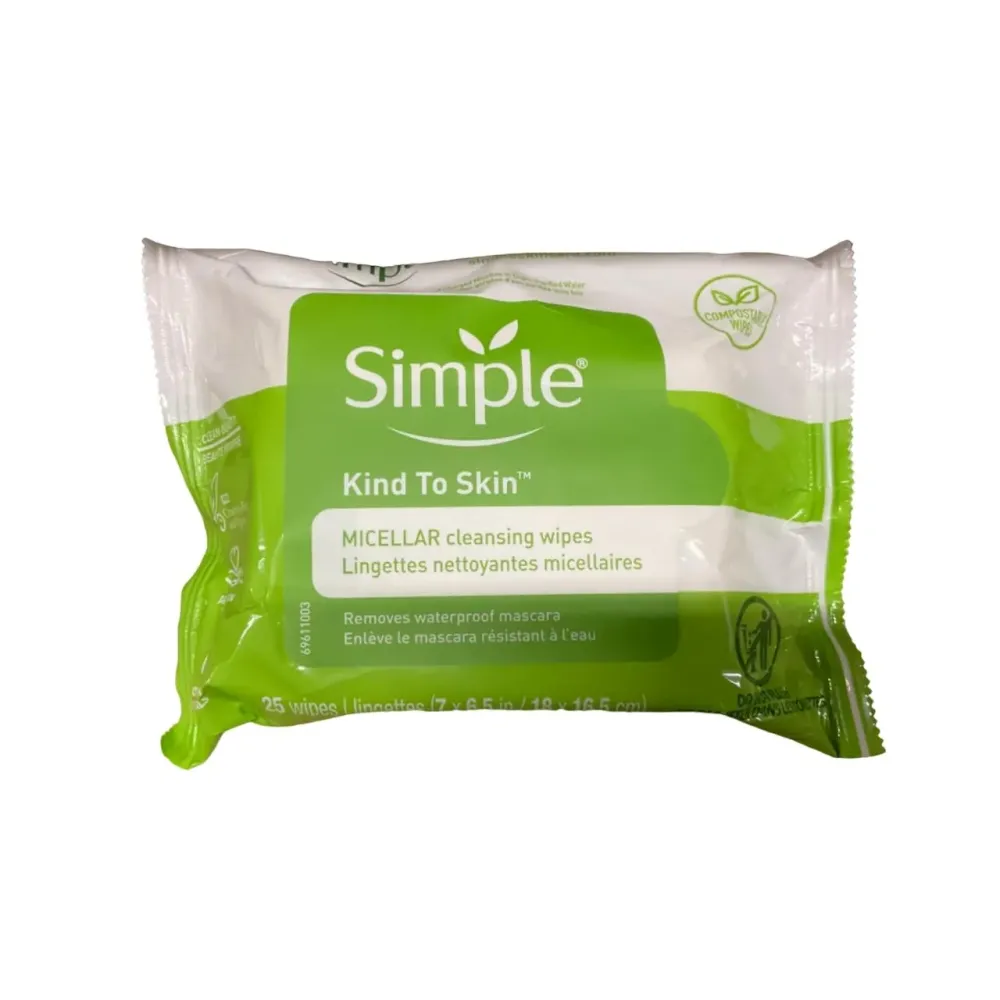 Simple Kind to Skin Cleansing Wipes Micellar 4 Count Gentle and Effective Makeup Remover Free From Color and Dye, Artificial Perfume and Harsh Chemicals 25 Wipes