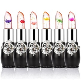 firstfly Pack of 6 Crystal Flower Jelly Lipstick, Long Lasting Nutritious Lip Balm Lips Moisturizer Magic Temperature Color Change Lip Gloss (Black)