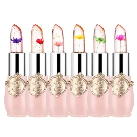 firstfly Pack of 6 Crystal Flower Jelly Lipstick, Long Lasting Nutritious Lip Balm Lips Moisturizer Magic Temperature Color Change Lip Gloss (Pink)