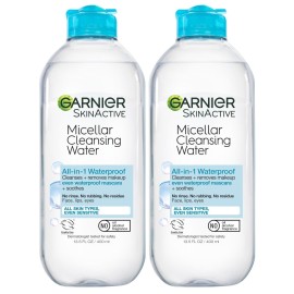 Garnier Micellar Water for Waterproof Makeup, Hydrating Facial Cleanser & Makeup Remover, Suitable for Sensitive Skin, Vegan, Cruelty Free, 13.5 Fl Oz (400mL), 2 Count Garnier Micellar Water for Waterproof Makeup, Hydrating Facial Cleanser & Makeup Remover, Suitable for Sensitive Skin, Vegan, Cruelty Free, 13.5 Fl Oz (400mL), 2 Count