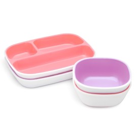 Munchkin Splash 4 Piece Toddler Divided Plate and Bowl Dining Set, Pink/Purple