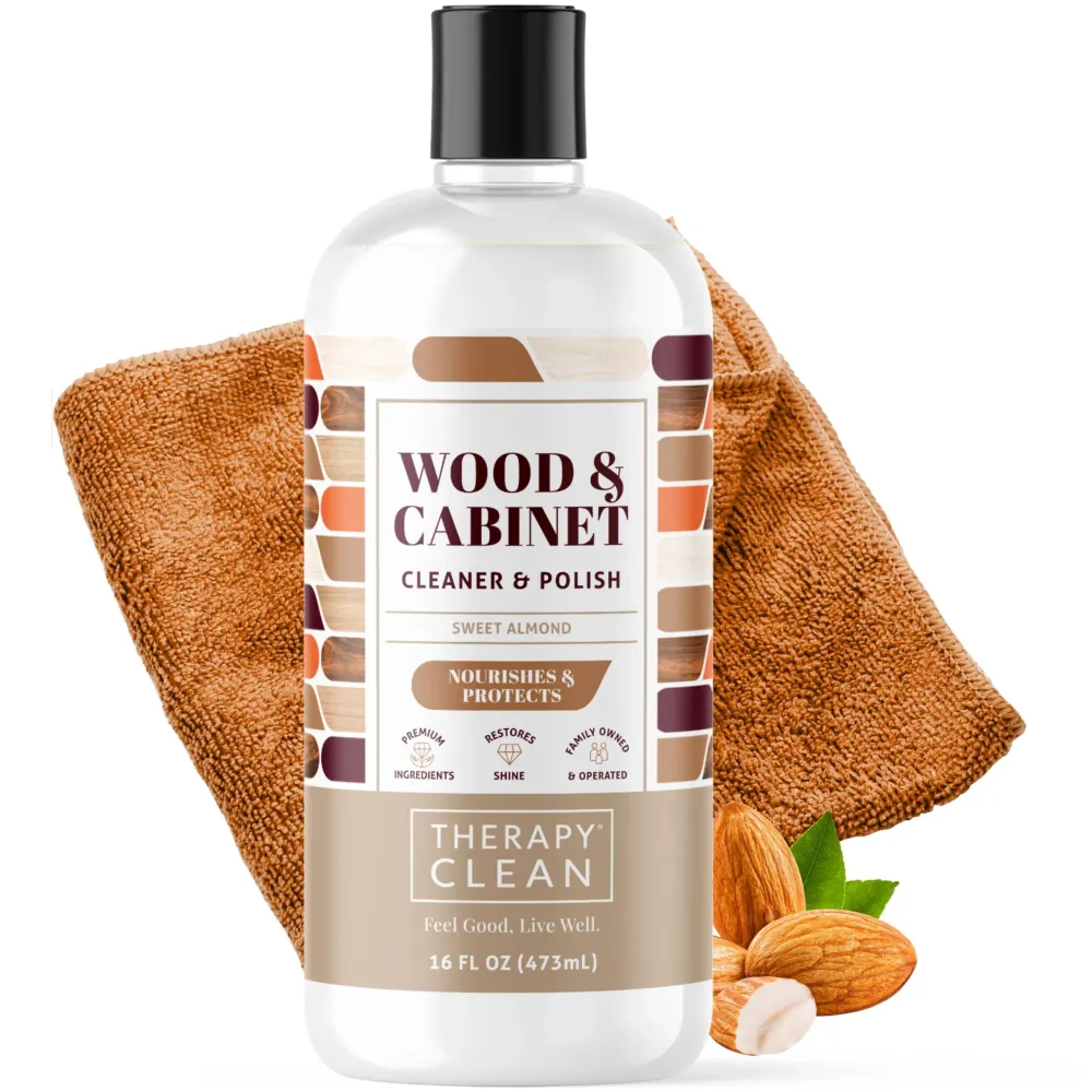 Therapy Wood Polish Bundle with Microfiber 16 oz. - Wood Furniture Polish, Best Furniture Cleaner - Almond Scent - Cleaner, Cabinet and Table Restorer, Natural Conditioner Therapy Wood Polish Bundle with Microfiber 16 oz. - Wood Furniture Polish, Best Furniture Cleaner - Almond Scent - Cleaner, Cabinet and Table Restorer, Natural Conditioner