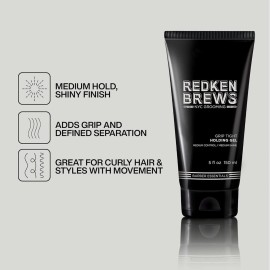 Redken Brews Holding Gel For Men | Men\'s Hair Gel | Medium Hold Styling | Medium Shine | Flake-Free, No Crunch Styling | For All Hair Types, Great For Curly Hair |5 Fl Oz