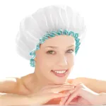 mikimini White Shower Cap for Long Hair 1 Pack, 12 inch large size,Waterproof Washable Hair Caps for Women and Girls, Super Cute and Extra Large