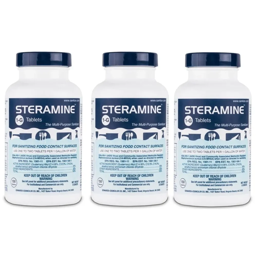 Steramine Quaternary Sanitizing Tablets - 150 Sanitizer Tablets per bottle, 3-Bottles