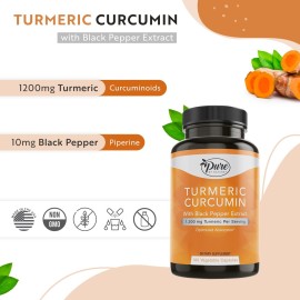 Pure By Nature Turmeric Curcumin with Black Pepper Extract 10 mg Capsules, 1200 mg per Serving, Organic, High Absorption Antioxidant Support (180 Count) Pure By Nature Turmeric Curcumin with Black Pepper Extract 10 mg Capsules, 1200 mg per Serving, Organic, High Absorption Antioxidant Support (180 Count)