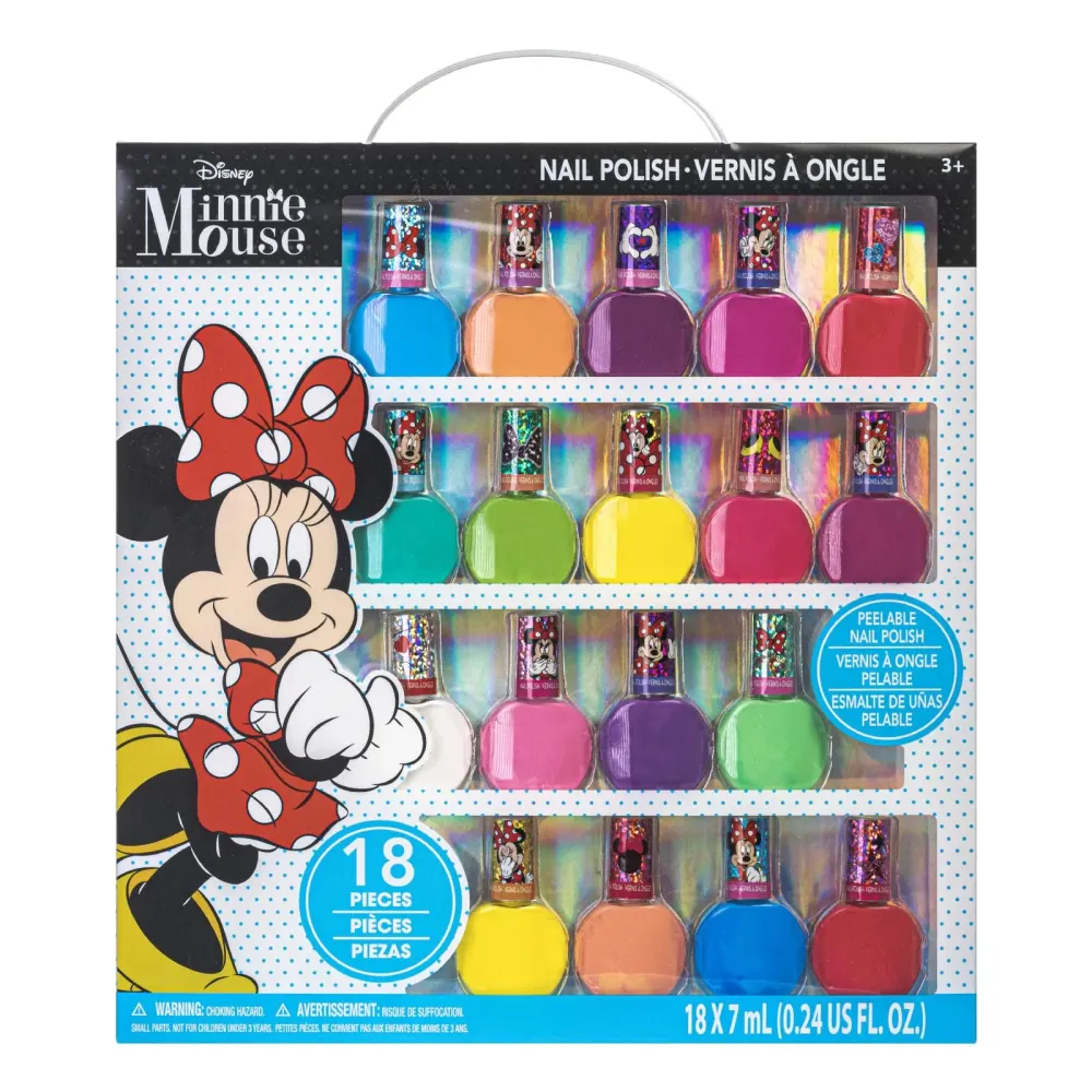 Townley Girl Disney Minnie Mouse 18 Piece Water-Based Nail Polish Set, Quick Dry and Peels-Off, Nail Paint Set for Girls, Perfect for Parties, Sleepovers and Makeovers, Ages 3