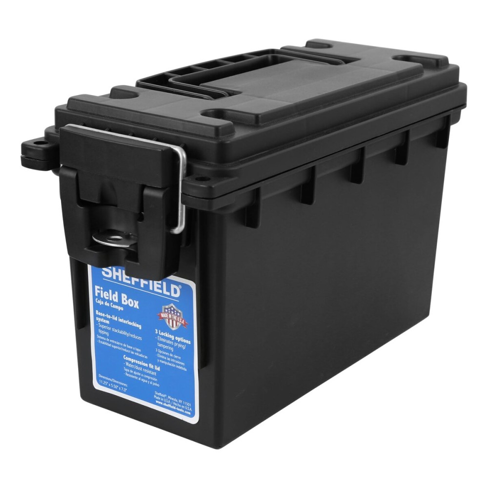 Sheffield 12629 Ammo Storage Box, Stackable .30 Cal Field Boxes, Water and Dust Resistant, Lockable Storage Box with Handle, Secures Hunting Gear, Supplies, and Bullets, Made in USA, Black, 1-Pack Sheffield 12629 Ammo Storage Box, Stackable .30 Cal Field Boxes, Water and Dust Resistant, Lockable Storage Box with Handle, Secures Hunting Gear, Supplies, and Bullets, Made in USA, Black, 1-Pack