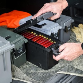 Sheffield 12629 Ammo Storage Box, Stackable .30 Cal Field Boxes, Water and Dust Resistant, Lockable Storage Box with Handle, Secures Hunting Gear, Supplies, and Bullets, Made in USA, Black, 1-Pack Sheffield 12629 Ammo Storage Box, Stackable .30 Cal Field Boxes, Water and Dust Resistant, Lockable Storage Box with Handle, Secures Hunting Gear, Supplies, and Bullets, Made in USA, Black, 1-Pack