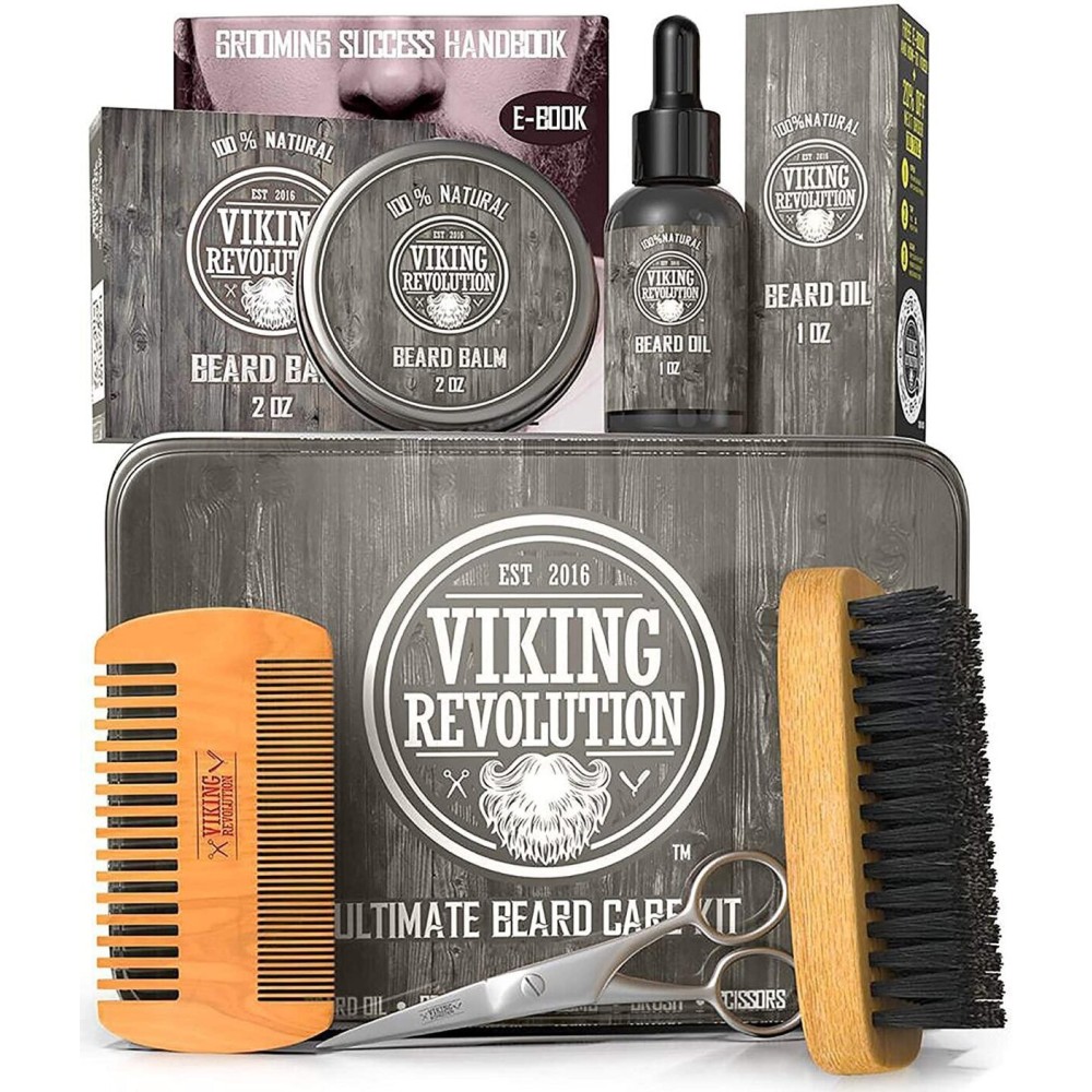 Viking Revolution Beard Care Kit for Men - Kit includes 100% Boar Beard Brush, Wooden Comb, Beard Balm, Beard Oil, Beard & Mustache Scissors in a Metal Box Viking Revolution Beard Care Kit for Men - Kit includes 100% Boar Beard Brush, Wooden Comb, Beard Balm, Beard Oil, Beard & Mustache Scissors in a Metal Box