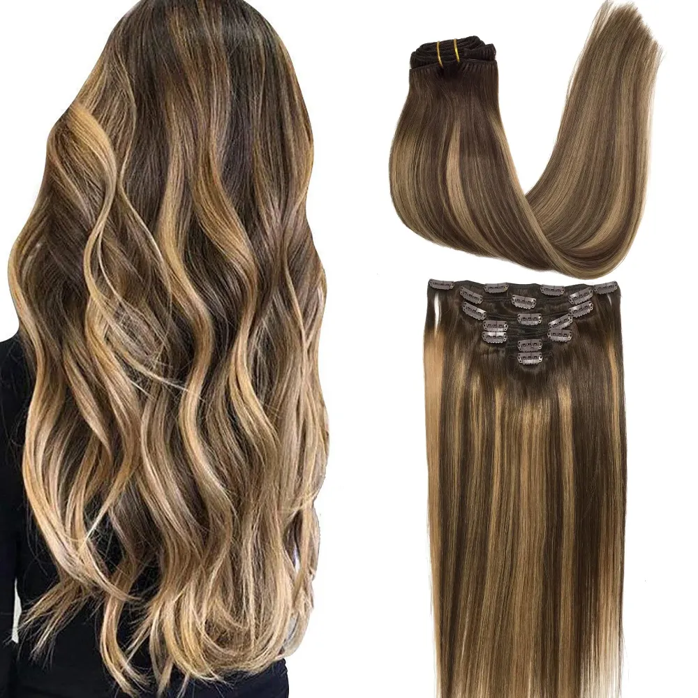 GOO GOO Clip in Hair Extensions Real Human Hair, Remy Human Hair Extensions Clip ins for Women, Natural Human Hair, 18inch 120g 7Pcs, 4/27/4 Balayage Chocolate Brown to Caramel Blonde GOO GOO Clip in Hair Extensions Real Human Hair, Remy Human Hair Extensions Clip ins for Women, Natural Human Hair, 18inch 120g 7Pcs, 4/27/4 Balayage Chocolate Brown to Caramel Blonde
