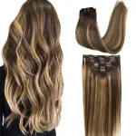 GOO GOO Clip in Hair Extensions Real Human Hair, Remy Human Hair Extensions Clip ins for Women, Natural Human Hair, 18inch 120g 7Pcs, 4/27/4 Balayage Chocolate Brown to Caramel Blonde