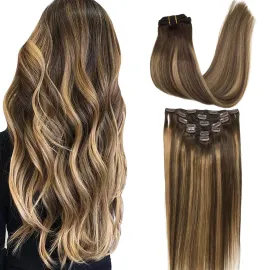 GOO GOO Clip in Hair Extensions Real Human Hair, Remy Human Hair Extensions Clip ins for Women, Natural Human Hair, 18inch 120g 7Pcs, 4/27/4 Balayage Chocolate Brown to Caramel Blonde
