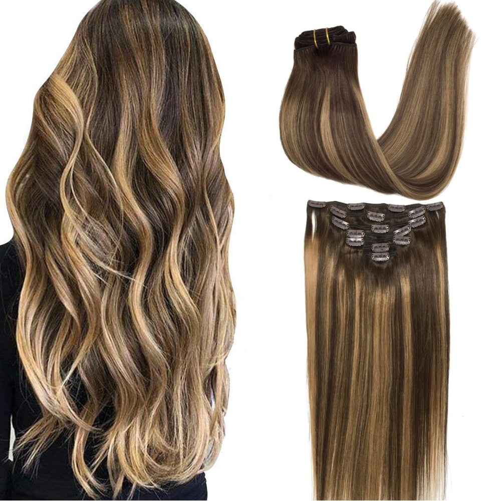 GOO GOO Clip in Hair Extensions Real Human Hair, Remy Human Hair Extensions Clip ins for Women, Natural Human Hair, 16inch 120g 7Pcs, 4/27/4 Balayage Chocolate Brown to Caramel Blonde GOO GOO Clip in Hair Extensions Real Human Hair, Remy Human Hair Extensions Clip ins for Women, Natural Human Hair, 16inch 120g 7Pcs, 4/27/4 Balayage Chocolate Brown to Caramel Blonde