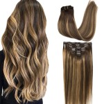 GOO GOO Clip in Hair Extensions Real Human Hair, Remy Human Hair Extensions Clip ins for Women, Natural Human Hair, 16inch 120g 7Pcs, 4/27/4 Balayage Chocolate Brown to Caramel Blonde