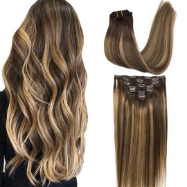 GOO GOO Clip in Hair Extensions Real Human Hair, Remy Human Hair Extensions Clip ins for Women, Natural Human Hair, 16inch 120g 7Pcs, 4/27/4 Balayage Chocolate Brown to Caramel Blonde