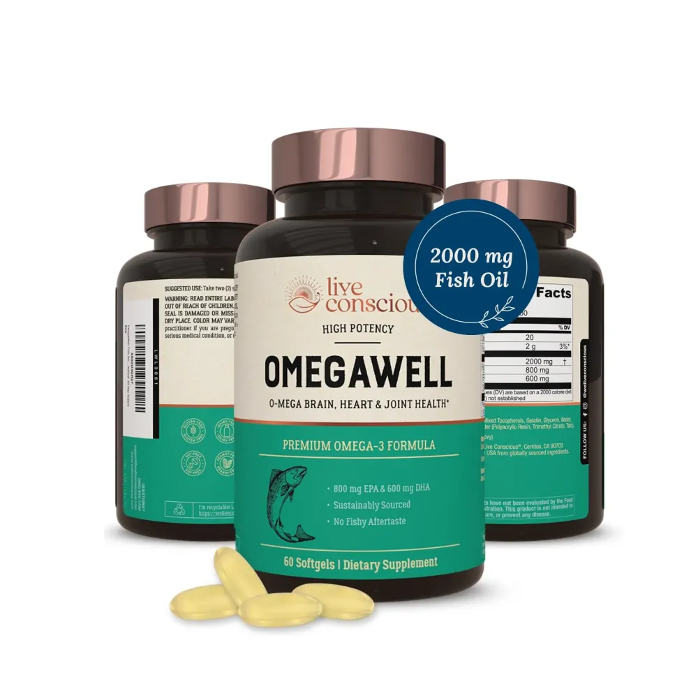 OmegaWell Omega 3 Fish Oil - 2000mg Capsules: Heart, Brain, & Joint Support - 800 mg EPA 600 mg DHA - Sustainably Sourced - Softgels - 30 Day Supply OmegaWell Omega 3 Fish Oil - 2000mg Capsules: Heart, Brain, & Joint Support - 800 mg EPA 600 mg DHA - Sustainably Sourced - Softgels - 30 Day Supply