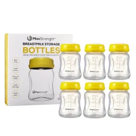 Max Strength Pro Breastmilk Bottles 6pc Set with Leak Proof Lids, 6.oz 180ml Reusable Wide Neck Bottles Best for Breast Milk Collection & Storage Solution, BPA Free, Fits Spectra & Avent Models