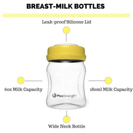 Max Strength Pro Breastmilk Bottles 6pc Set with Leak Proof Lids, 6.oz 180ml Reusable Wide Neck Bottles Best for Breast Milk Collection & Storage Solution, BPA Free, Fits Spectra & Avent Models Max Strength Pro Breastmilk Bottles 6pc Set with Leak Proof Lids, 6.oz 180ml Reusable Wide Neck Bottles Best for Breast Milk Collection & Storage Solution, BPA Free, Fits Spectra & Avent Models